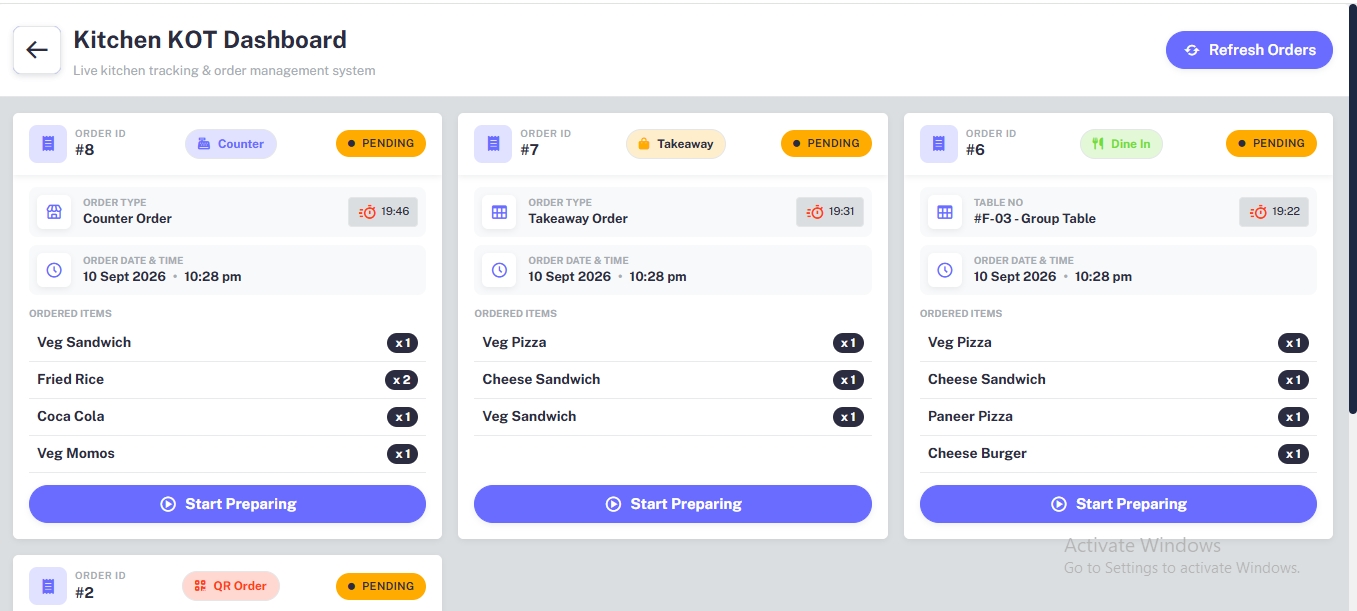 KOT kitchen display for cloud kitchen and restaurant software